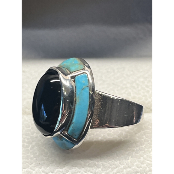 Signed Ted Ott Vintage Sterling 925 Onyx & Turquoise Inlay Navajo Ring Size 6.5 - Picture 2 of 13